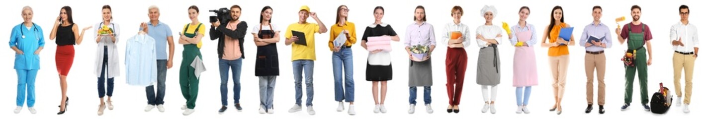 Obraz premium People of different occupations on white background, collection. Choice of profession concept