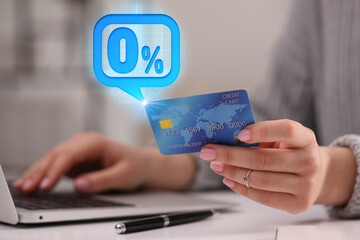 Woman with credit card using laptop at table, closeup. Speech bubble with 0 percent sign above card. Zero commission