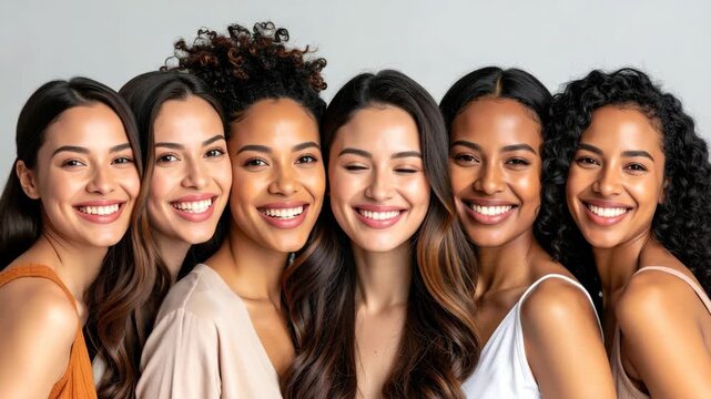 Group of diverse young women smiling with perfect teeth, posing for a beauty shot, healthy skincare concept, wellbeing