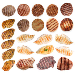 Tasty grilled meat isolated on white, set