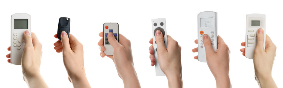 People holding different remote controls in hands on white background, collage
