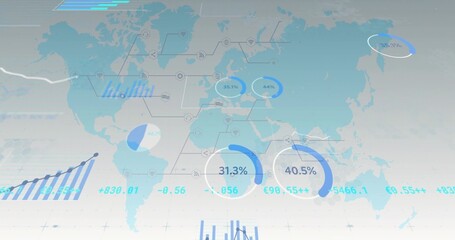 Displaying world map showing circular progress rings, charts and numeric labels in dashboard