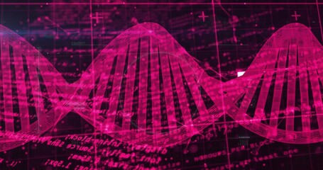 Waving pink DNA double helix across interface, showing gridlines, code, plus symbols, data points