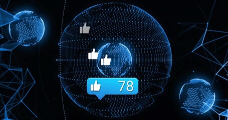 Central blue globe emitting mesh in network, with thumbs-up icons and blue notification bubble 78