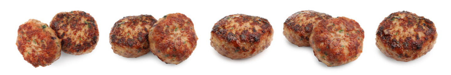 Fried meat patties isolated on white, set