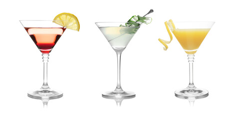 Different cocktails in martini glasses isolated on white, set