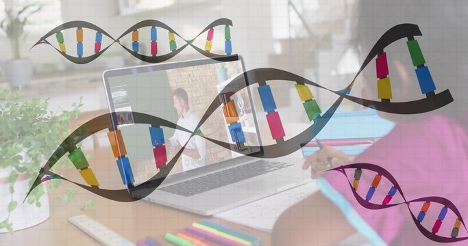 Attending Hispanic girl studying genetics on laptop at nook with pencils and DNA helix, copy space - Powered by Adobe