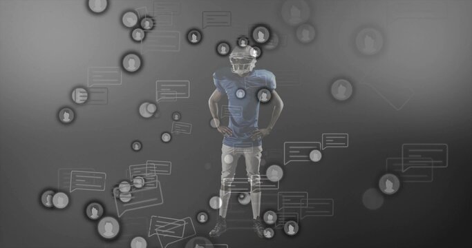 Standing player wearing helmet, pads, blue jersey white pants against backdrop, interface icons - Powered by Adobe