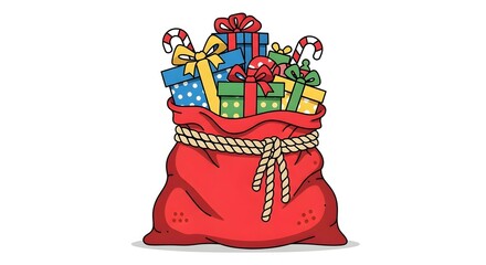 Illustration of a red sack filled with colorful Christmas presents and candy canes.