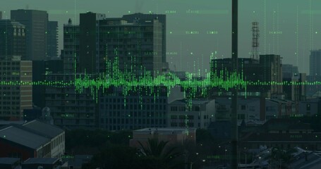 Green waveform overlay spanning skyline at dusk, with numeric points, grid lines, cranes and tower