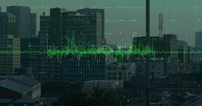Green waveform overlay spanning skyline at dusk, with numeric points, grid lines, cranes and tower