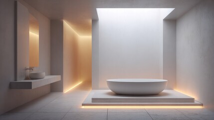 Modern Minimalist Bathroom with Freestanding Bathtub and Soft Ambient Lighting Creating a Tranquil and Serene Spa-like Atmosphere in Neutral Tones