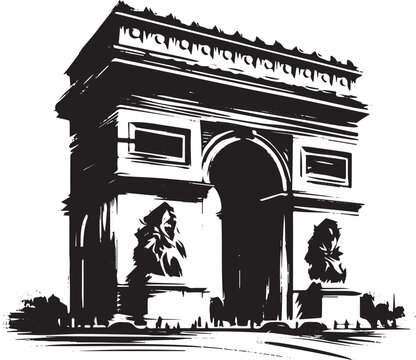 Parisian landmark Arc de Triomphe in simple black and white illustration