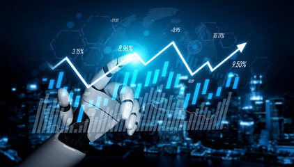 A robotic hand engages with glowing financial data and upward trends on a digital display, symbolizing the synergy of technology and finance in today world. Scalp