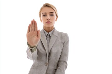Businesswoman in grey suit showing stop gesture with dollar bills in sleeve, isolated on white background