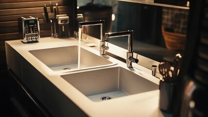 A modern bathroom with two sinks and a mirror