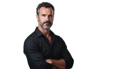 Portrait of a mature businessman with a beard wearing a black shirt, standing with arms crossed, isolated on transparent background