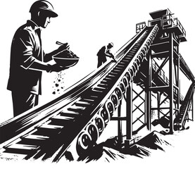 Naklejka premium Monochromatic vector of miners working on conveyor belt construction