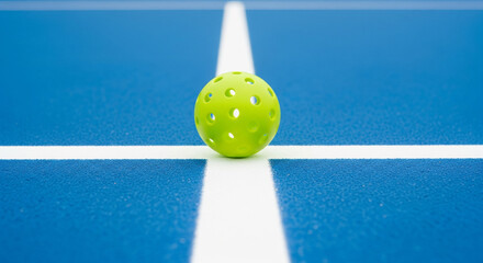 Pickleball resting on the white line of a blue court
