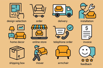 Modern Flat Vector Icon Set with Bold Outlines, Minimal Color Palette, and Clean Illustrative Design Style