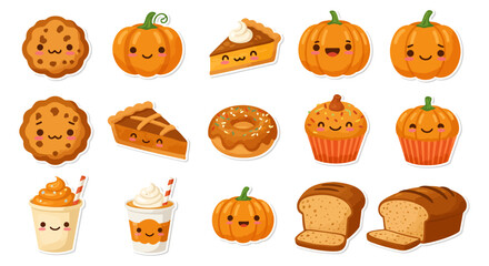 autumn dessert stickers cute pumpkin pie donuts and bread with cheerful smiles showcasing fall baking season for seasonal promotions marketing