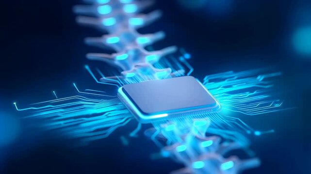 Spinal implant microchip with glowing neural network connections for advanced medical technology animation