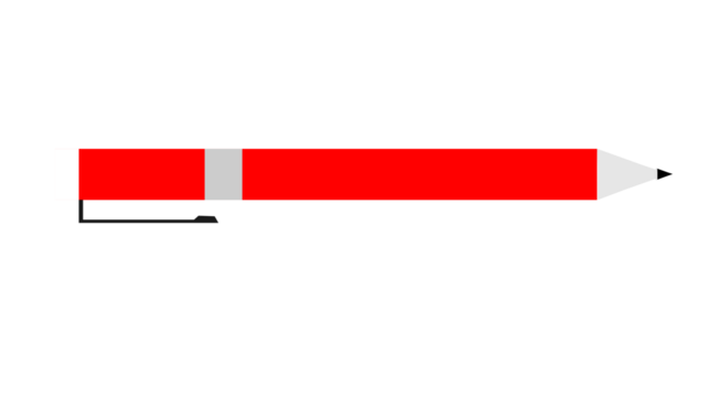 Illustration of a red pencil with a gray band and a black clip.