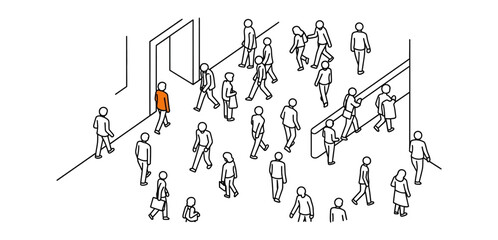 crowd of people commuting to work in a business district entrance illustrating urban lifestyle and city life during the morning commute for blog banner ads