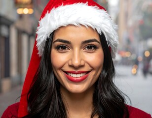 A woman smiles, wearing a Santa hat, with a city background