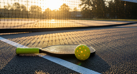 Pickleball paddle and ball on a dewy court at sunrise