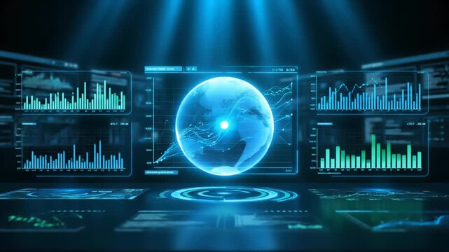 Advanced digital interface displaying real time global data streams with holographic earth and financial charts glowing in blue light within a server room. - Powered by Adobe
