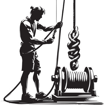 Intricate knot tying: Man meticulously setting up rope pulley system art