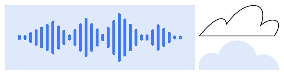 Blue audio waveform alongside outlined and filled cloud graphics. Ideal for sound storage, streaming, technology, data, innovation, cloud computing, analytics. Simple flat metaphor