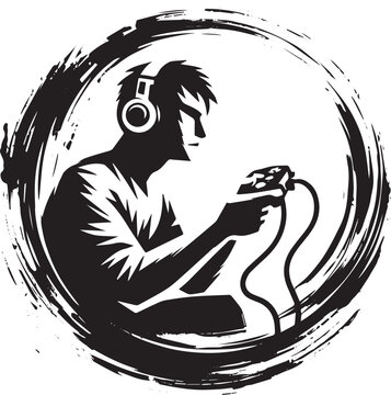 A focused gamer immersed in virtual reality with monochromatic illustration