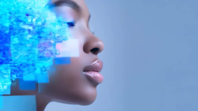 Woman face transforming into digital data flow, representing artificial intelligence and advanced computer technology animation