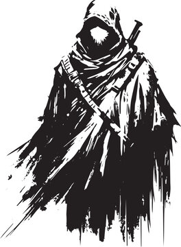 Ink wash drawing of a cloaked figure wielding a weapon in a shadowy style
