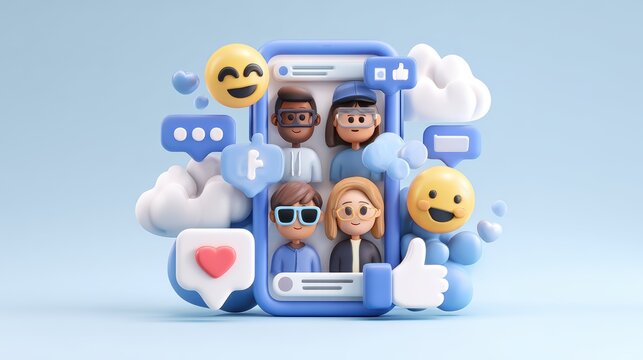 Social communication concept 3D illustration. Icon composition with smartphone display with users accounts at social media, online messaging, emoji and likes. Illustration for modern web design