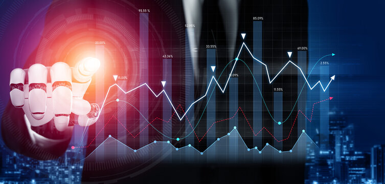 A businessman in a suit interacts with a digital touchscreen displaying financial data and graphs, representing modern investment analysis in a sleek office. Scalp