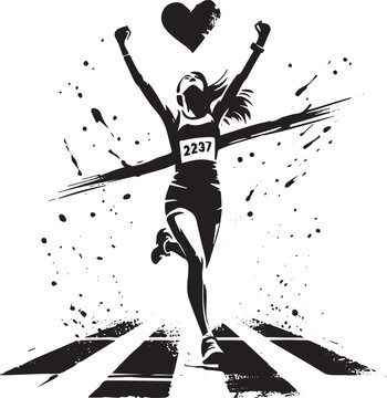 Triumphant runner crossing the finish line in a minimalist black and white design
