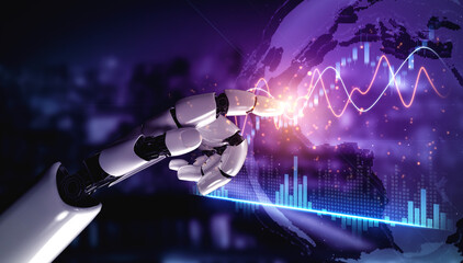 A futuristic robot hand reaching out to interact with a digital globe and data visualization, representing advancements in technology, innovation, and data analytics. Scalp