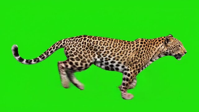 Leopard Wild Cat Running Animated Green Screen Chroma Key 3D Render African Predator