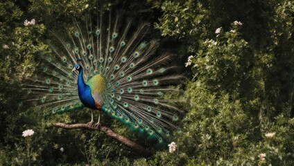 Obraz premium A magnificent peacock displaying its vibrant tail feathers on a branch.