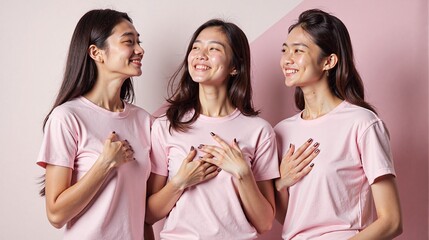 Three joyful young women in pink shirts smiling and looking at each other, hands on chests, against a two-tone background.