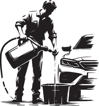 Monochrome automotive maintenance illustration featuring fluid replenishment