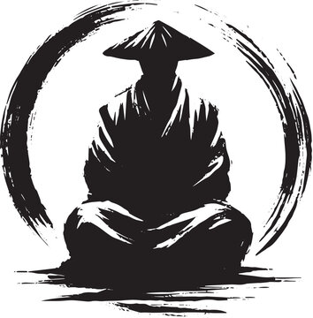 Meditative Kumis Ink Wash Illustration with Zen Circle and Traditional Hat