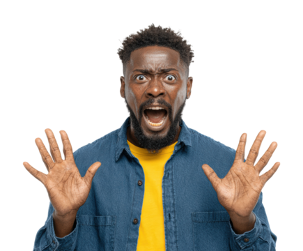 Surprising reaction of shocked man portrait isolated on transparent background