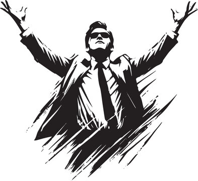 Monochrome illustration of businessman in victorious pose with arms raised