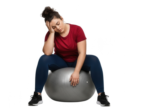 Woman sitting on exercise ball looking tired isolated on transparent background