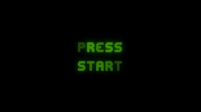 Animated 8-bit pixel text saying “PRESS START” in glowing green letters on a dark background. Perfect for vintage arcade intros, retro gaming themes, pixel art motion design, and nostalgic video. - Powered by Adobe