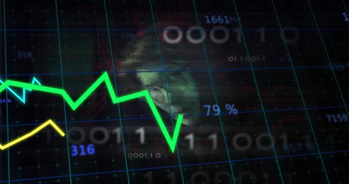 Numeric values appearing on grid starting graphs tracing data and hooded face watching for insight